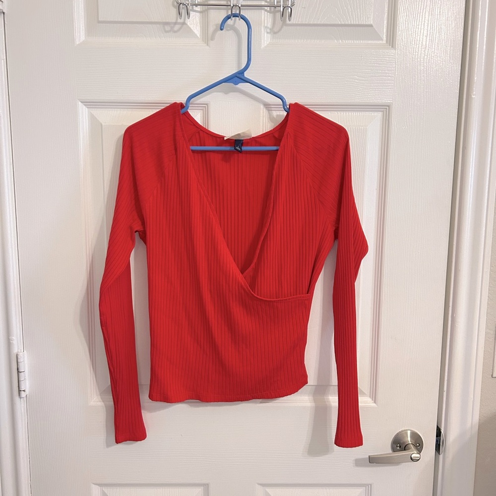 Bright red ribbed wrap top from target! Size L